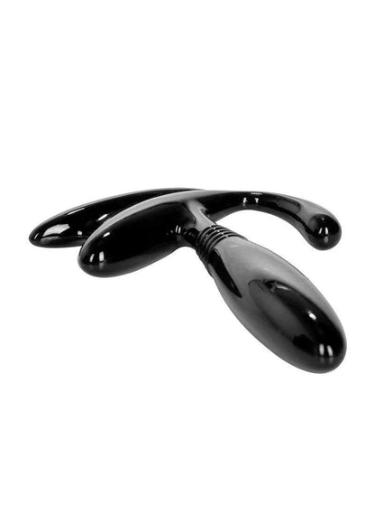 Black dual-ended prostate massager with curved ergonomic design on white background