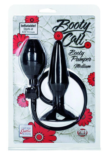 Booty Call Booty Pumper Medium inflatable black silicone butt plug in clear packaging with red flowers