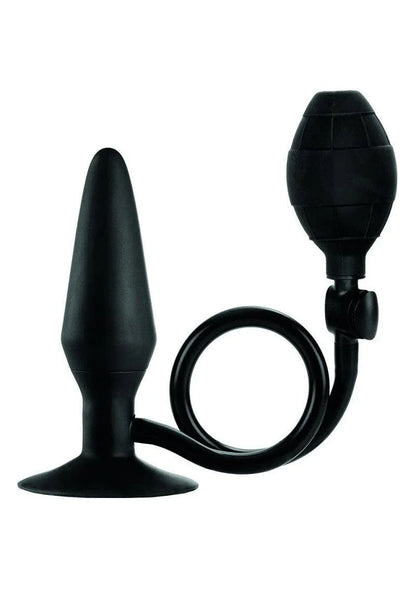 Black inflatable butt plug with hand pump and curved tube on white background