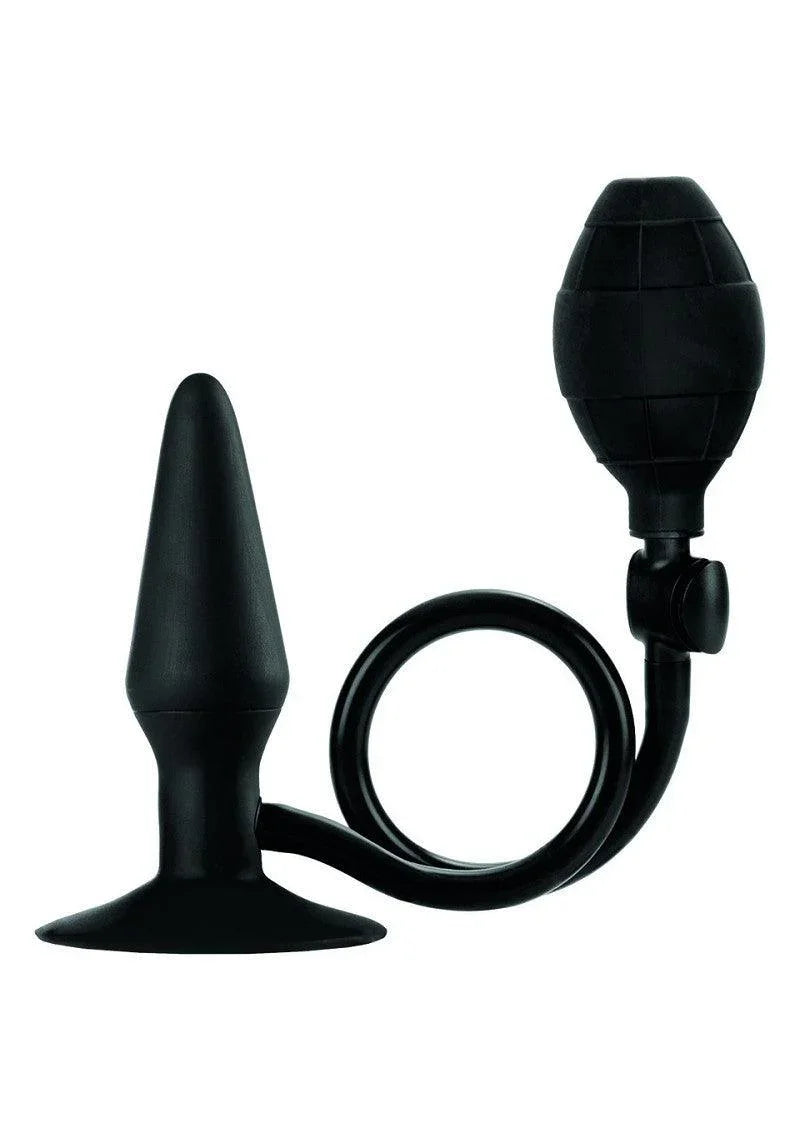Black inflatable anal butt plug with a hand pump and flexible tube on white background