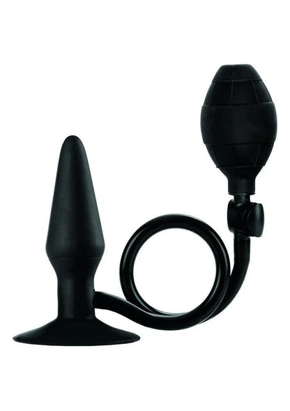 Black inflatable anal butt plug with a hand pump and flexible tube on white background