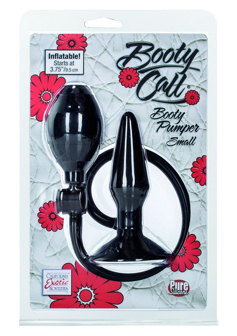 Booty Call small inflatable anal plug with black silicone bulb and tube in floral packaging