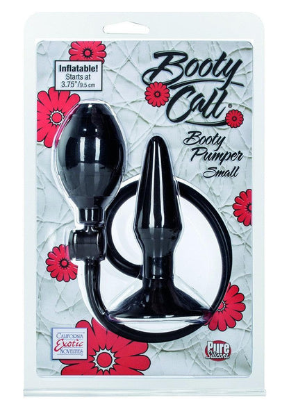 Booty Call small inflatable anal plug with black silicone bulb and tube in floral packaging