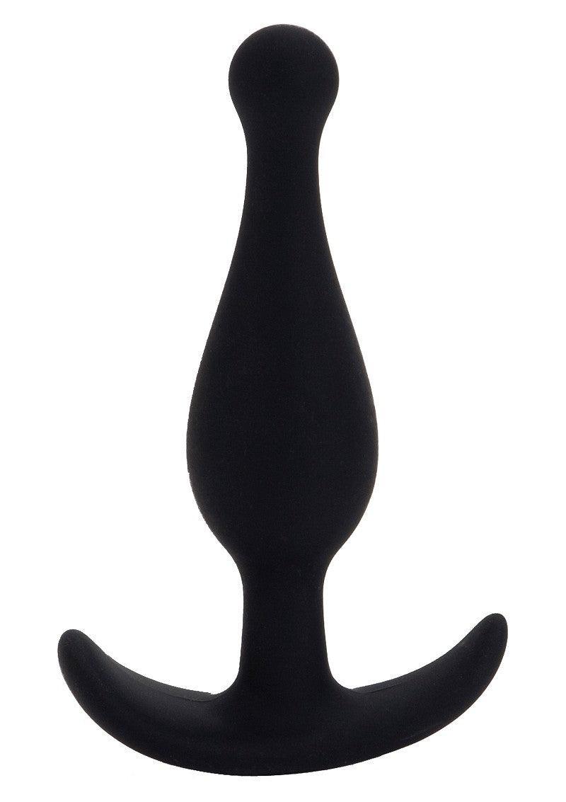 Black silicone anal plug with tapered shape and curved base on white background