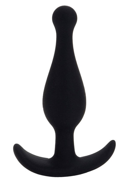 Black silicone anal plug with tapered shape and curved base on white background