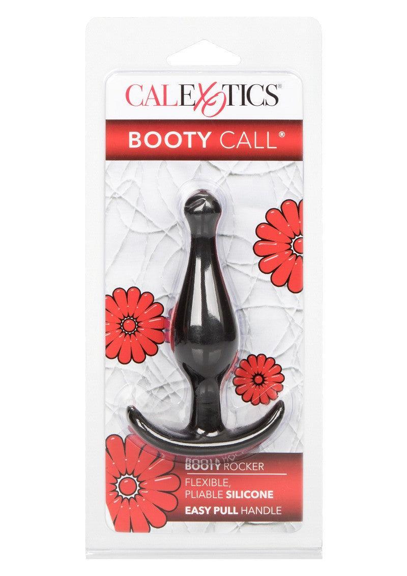 CalExotics Booty Call flexible silicone black anal plug with easy pull handle in retail packaging