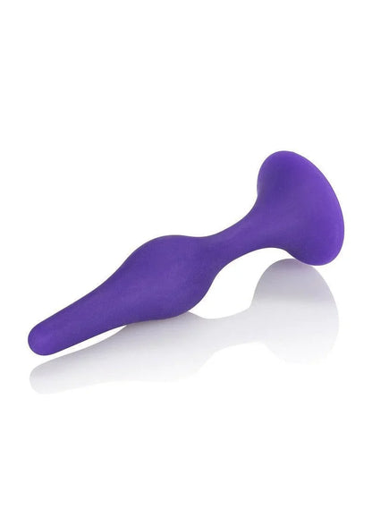 Purple silicone butt plug with ergonomic shape and flared base on white background