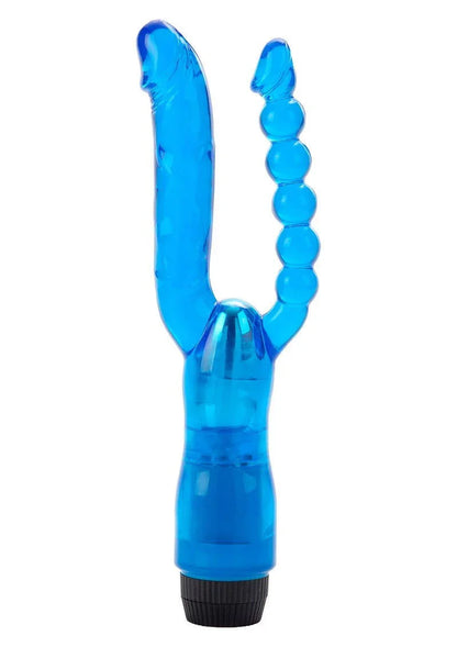 Blue dual penetrator vibrator with smooth and beaded shafts on white background