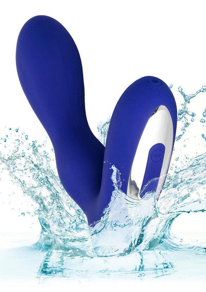 Blue waterproof vibrating adult pleasure probe with sleek design splashing in water