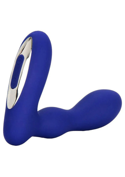 Blue silicone vibrating prostate massager with ergonomic design and control buttons