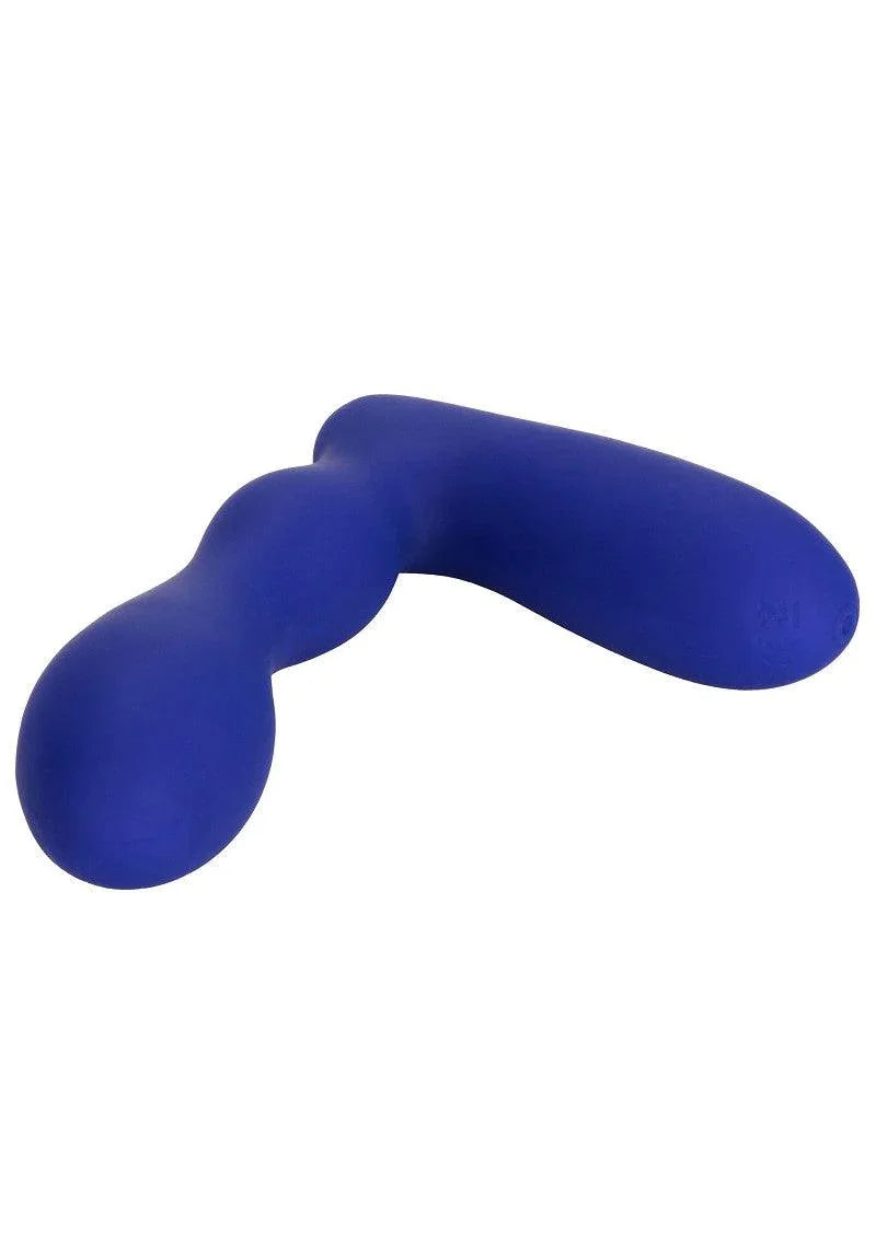 Blue curved silicone prostate massager with smooth textured surface