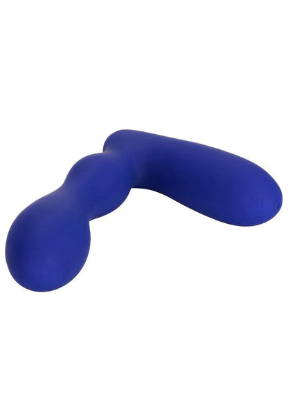 Blue curved silicone prostate massager with smooth textured surface