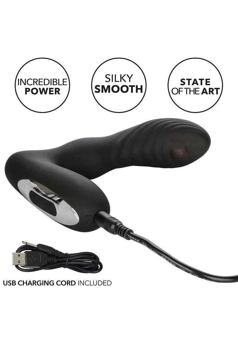 Black curved anal vibrator with ribbed head, USB charging cord, and control buttons on silver panel