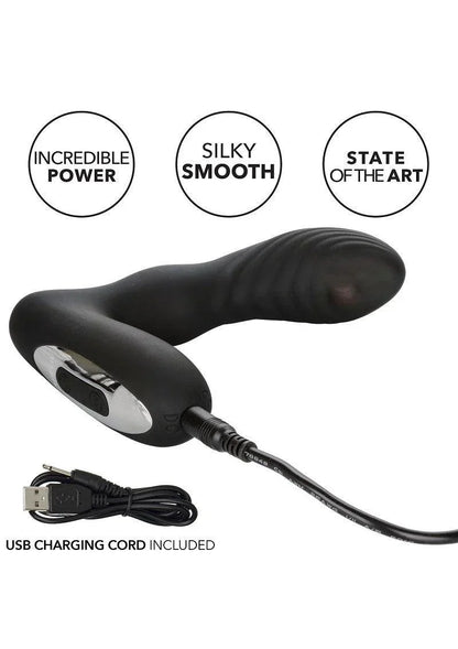 Black curved anal vibrator with ribbed head, USB charging cord, and control buttons on silver panel