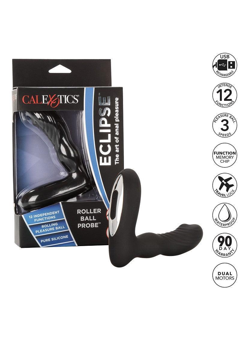 CalExotics Eclipse Roller Ball Probe anal vibrator in black silicone with packaging and key features icons
