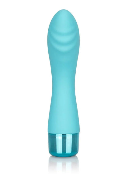 Blue silicone G-spot vibrator with textured tip, photographed on white background