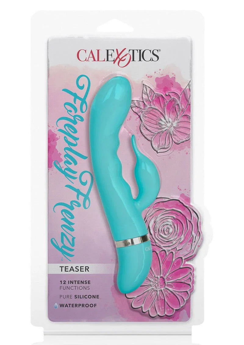 CalExotics Foreplay Frenzy Teaser clitoris vibrator in turquoise packaging with floral background