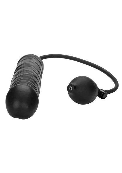 Black inflatable butt plug with textured shaft and hand pump for adjustable size