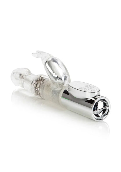 Clear silver Jack Rabbit vibrator with rotating beads and control panel on white background