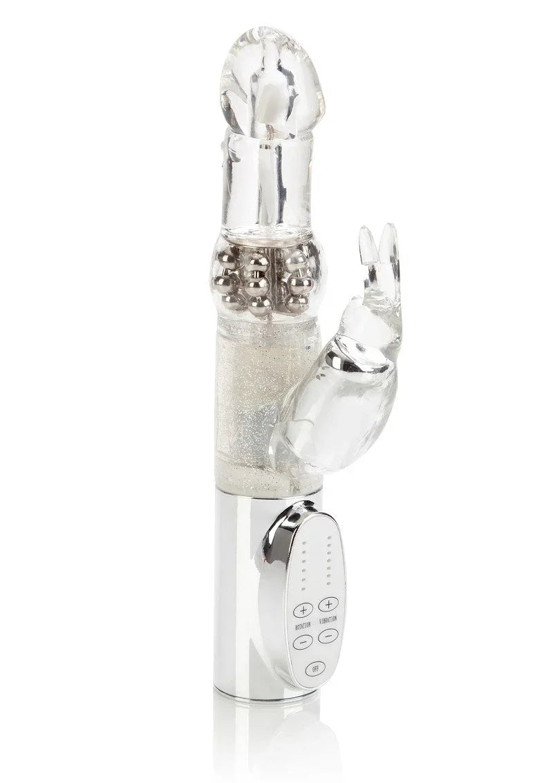 Clear Jack Rabbit vibrator with rotating beads, rabbit-shaped clitoral stimulator and control buttons