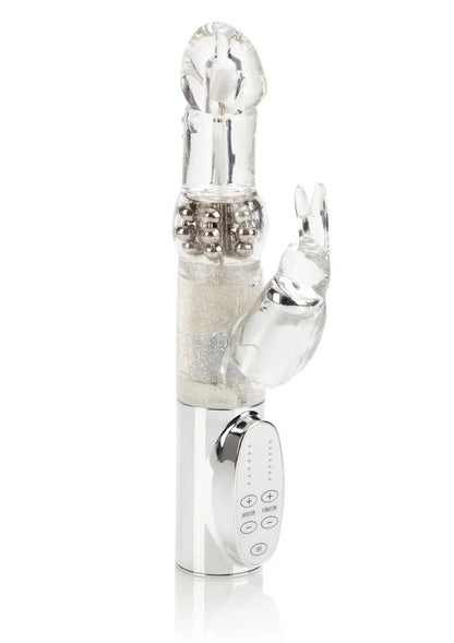 Clear Jack Rabbit vibrator with rotating beads, rabbit-shaped clitoral stimulator and control buttons