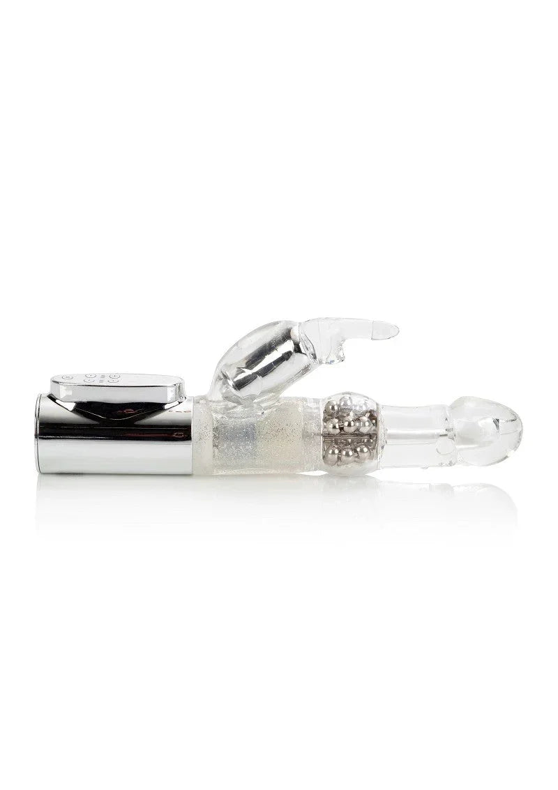 Clear Jack Rabbit Platinum vibrator with rotating beads and chrome accent on white background