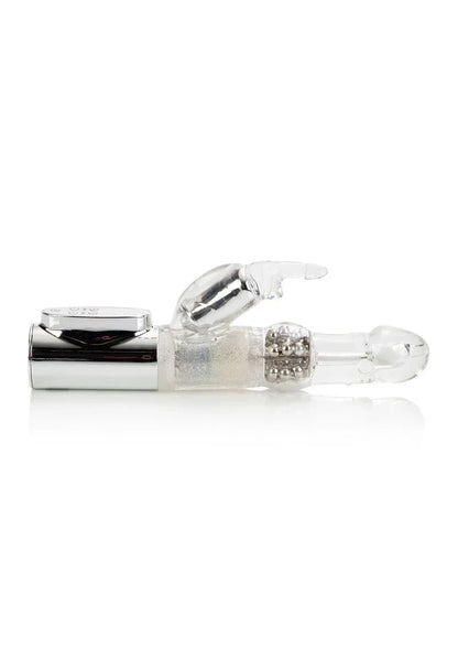Clear Jack Rabbit Platinum vibrator with rotating beads and chrome accent on white background