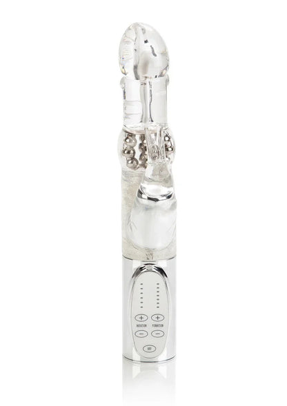 Clear Jack Rabbit vibrator with rotating beads and control panel on white background