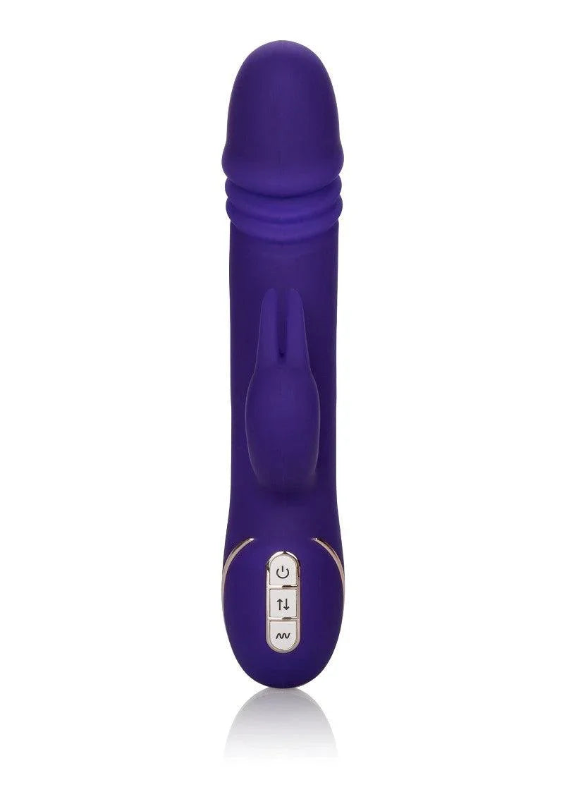 Purple silicone Jack Rabbit signature thrusting vibrator with control buttons on white background