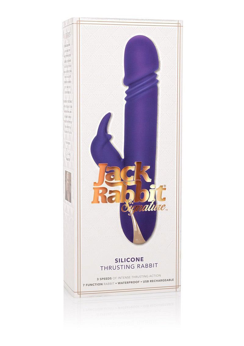 Jack Rabbit Signature silicone thrusting rabbit vibrator in purple packaging with gold text