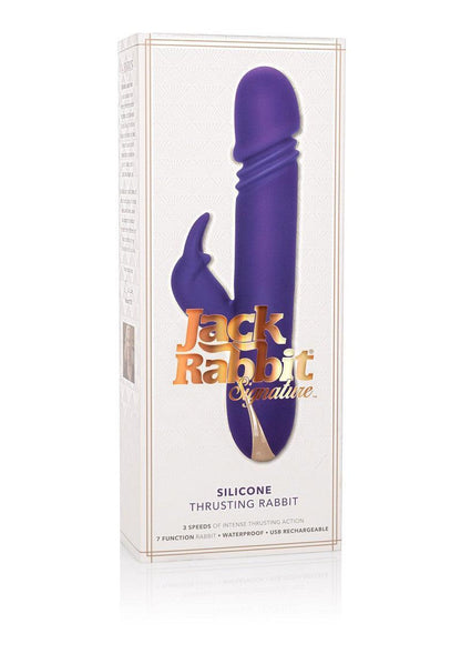 Jack Rabbit Signature silicone thrusting rabbit vibrator in purple packaging with gold text