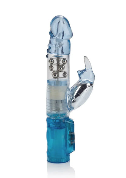 Blue waterproof Jack Rabbit vibrator with rotating metal beads on white background