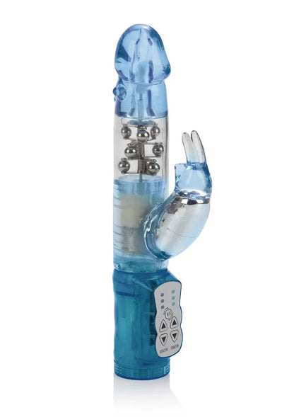 Blue waterproof rabbit vibrator with rotating beads and control panel on white background