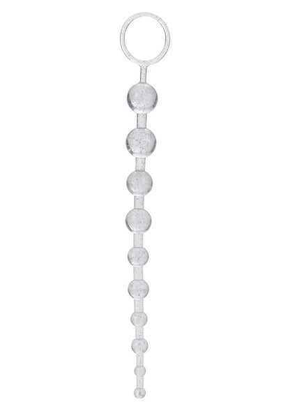 Clear silicone anal beads with graduated sizes and pull ring, adult toy on white background