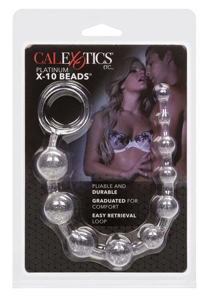 CalExotics Platinum X-10 Beads anal beads in plastic packaging with couple on box