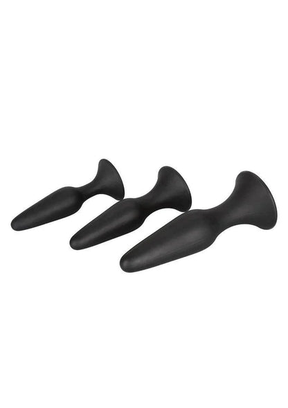 Set of three black silicone anal trainer plugs in small, medium, and large sizes with flared bases