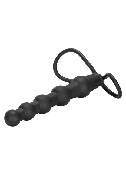 Black silicone beaded double penetration toy with two loop handles on white background