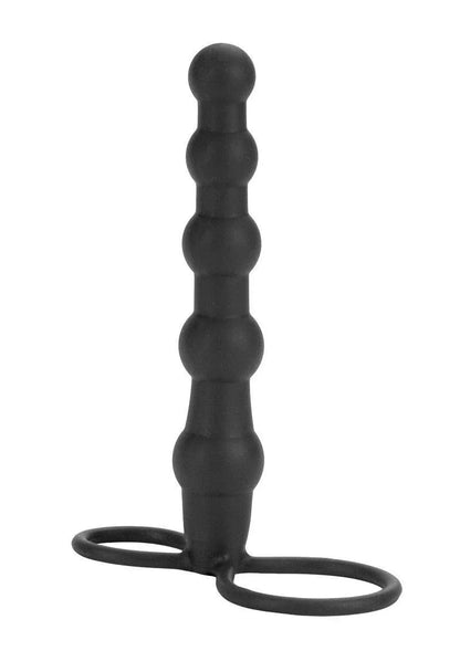 Black silicone beaded double rider toy with two finger loops for double penetration