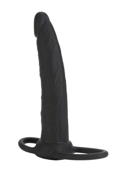 Black silicone double penetration dildo with two rings on white background