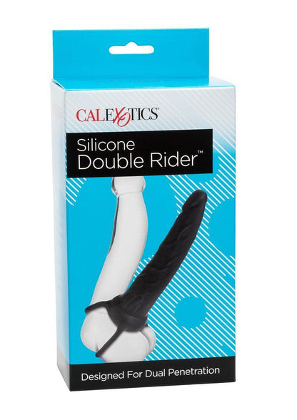 CalExotics Silicone Double Rider sex toy packaging with blue and white design, dual penetration product.