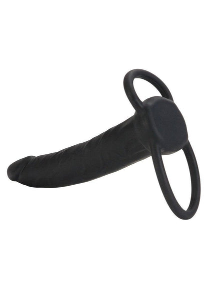 Black silicone double rider dildo with handles on white background