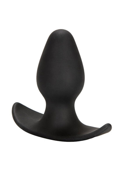Black silicone anal plug with a wide curved base on white background