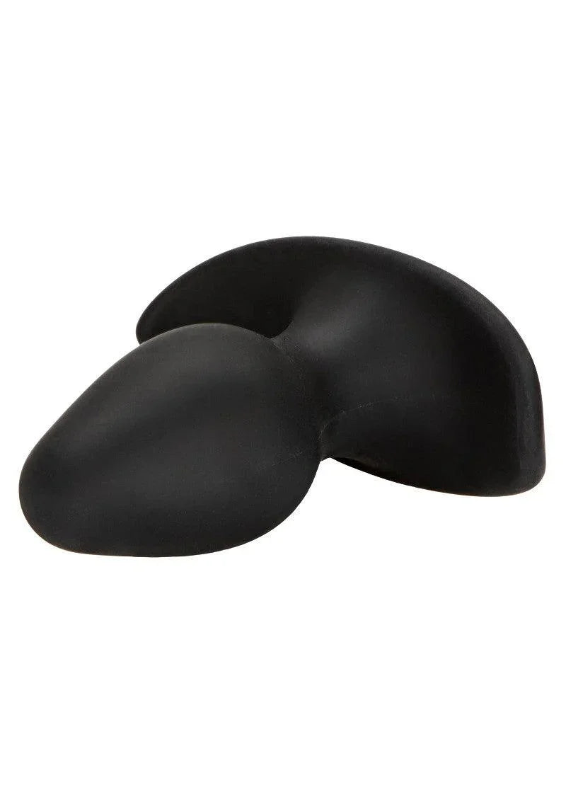 Black silicone butt plug with flared base on white background