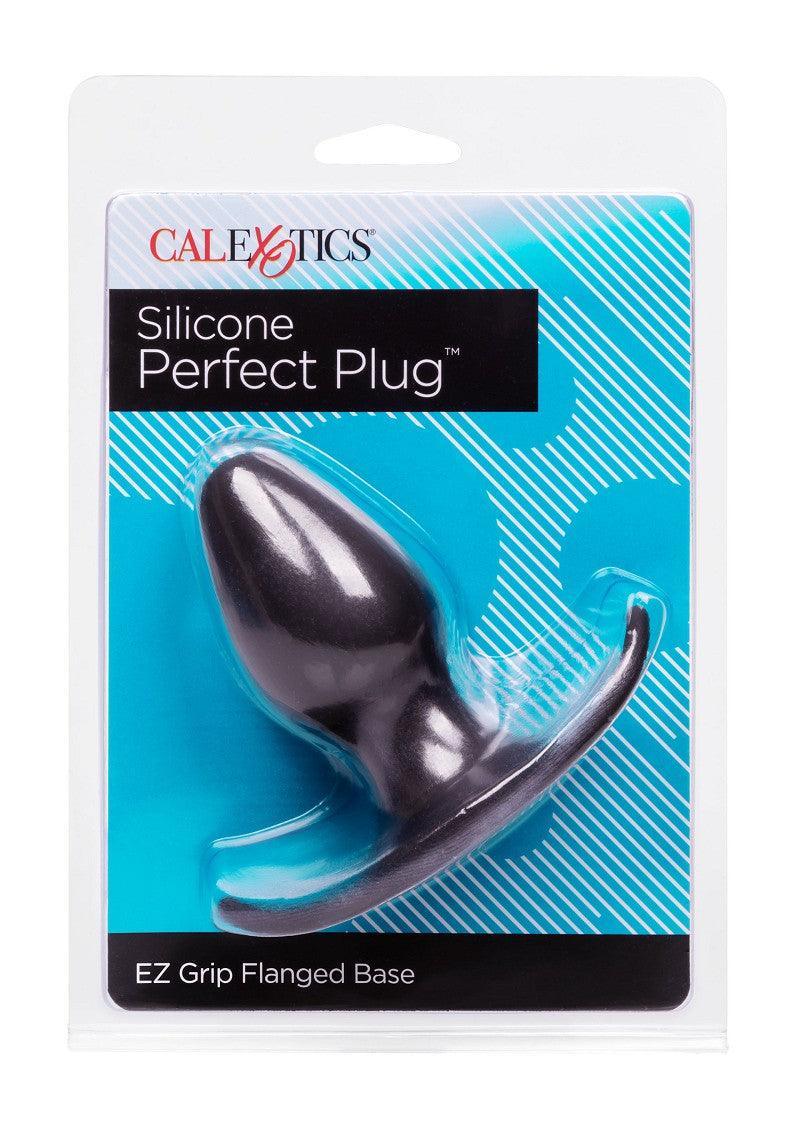 CalExotics Silicone Perfect Plug black silicone butt plug with EZ grip flanged base in retail packaging