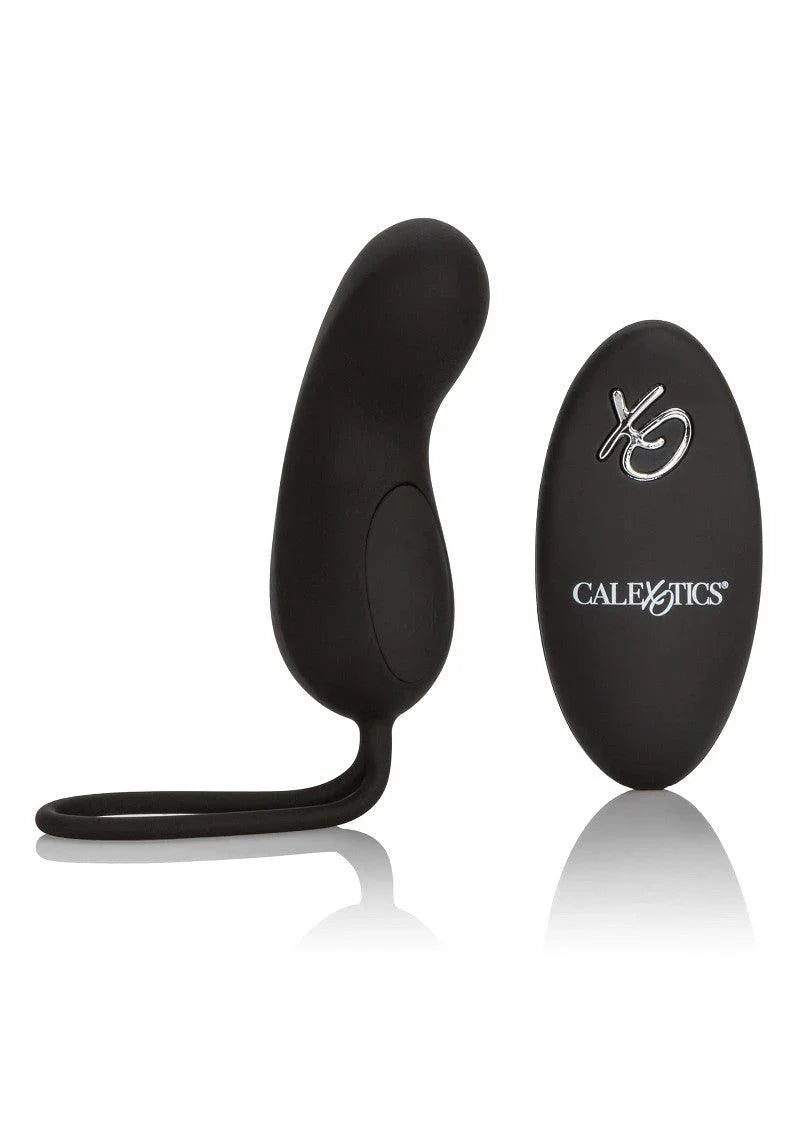 Black silicone curved G-spot vibrator with remote control branded CalExotics on white background
