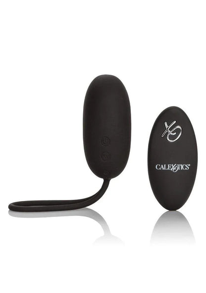 Black silicone remote-controlled rechargeable egg vibrator and oval remote by CalExotics on white background