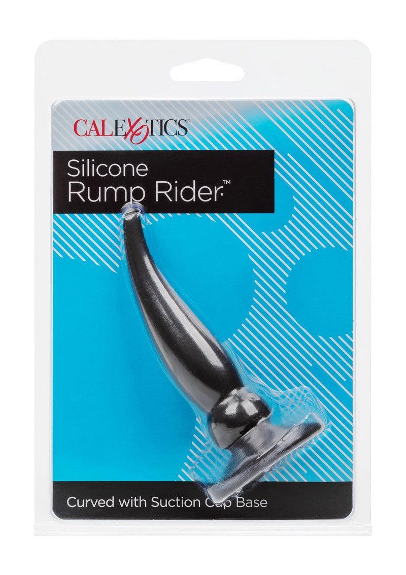 CalExotics Silicone Rump Rider curved black anal plug with suction cup base in blue retail packaging