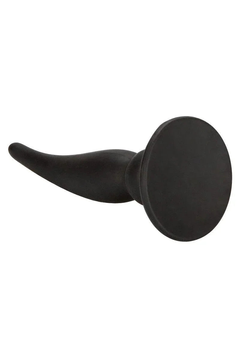 Black silicone anal plug with tapered shape and wide base on white background
