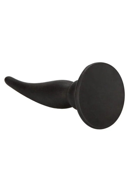 Black silicone anal plug with tapered shape and wide base on white background