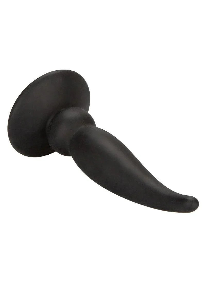 Black silicone anal probe butt plug with flared base on white background